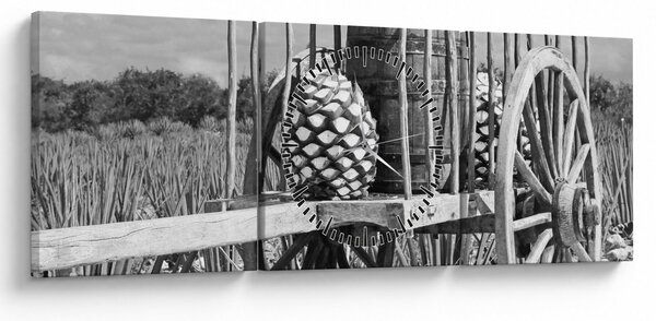 Obraz - Přívěsný vozík, černobílá (s hodinami) (90x30 cm)