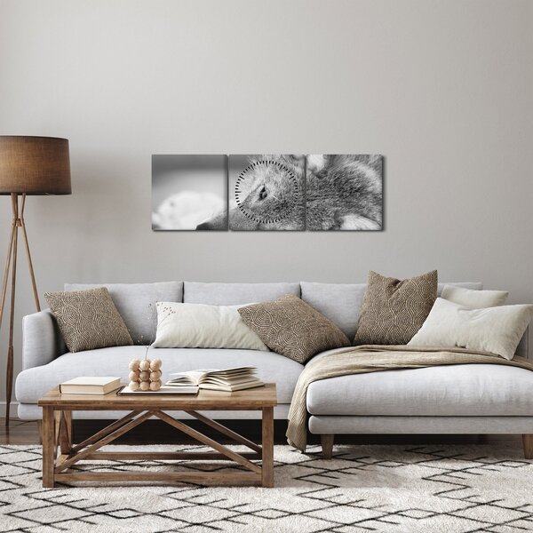 Obraz - Vlk, černobílá (s hodinami) (90x30 cm)