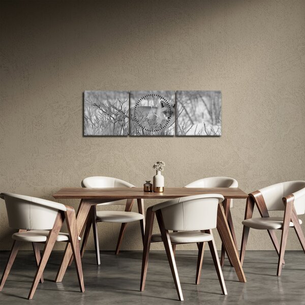 Obraz - Lišák, černobílá (s hodinami) (90x30 cm)