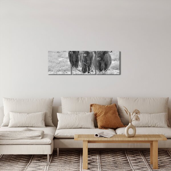 Obraz - Skotské krávy, černobílá (s hodinami) (90x30 cm)