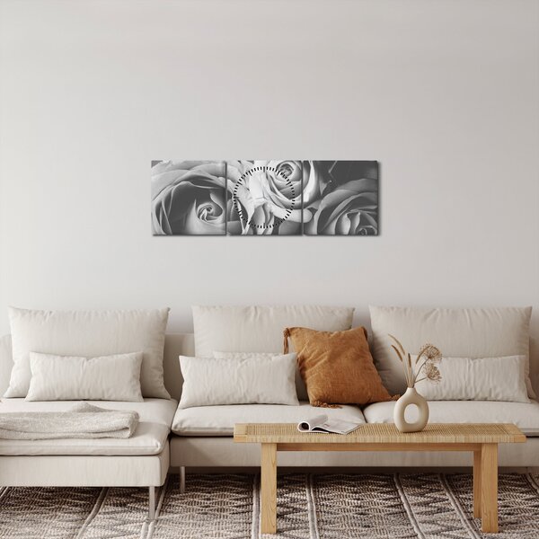 Obraz - Růže, černobílá (s hodinami) (90x30 cm)