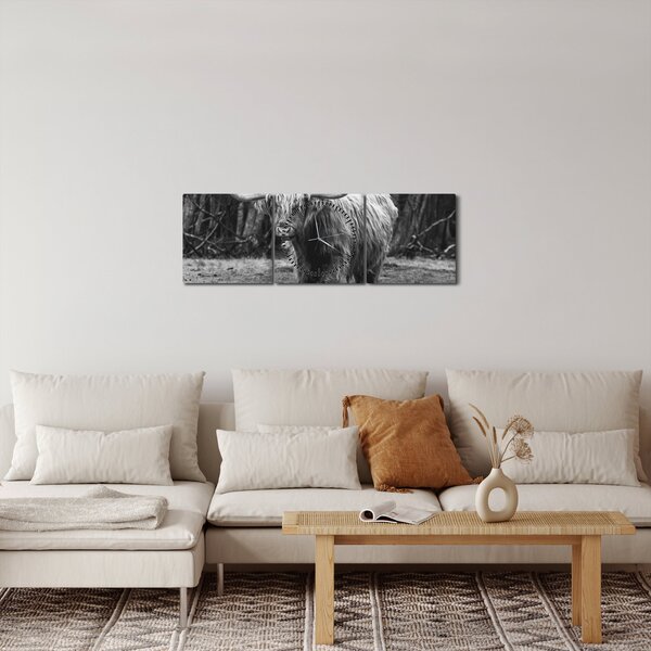 Obraz - Skotská kráva 3,černobílá (s hodinami) (90x30 cm)