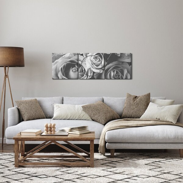 Obraz - Růže, černobílá (s hodinami) (90x30 cm)