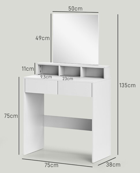 HOMCOM Toaletní stolek s zrcadlem a šuplíky, 2 zásuvky, 3 přihrádky, 75x38x135 cm, bílý | Aosom