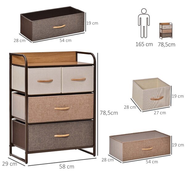 HOMCOM Textilní Komoda se 4 Skládacími Zásuvkami, Dřevěný Vrchní Plocha a Kovový Rám pro Obývací Pokoj 58x29x78,5 cm Vícebarevná | Aosom