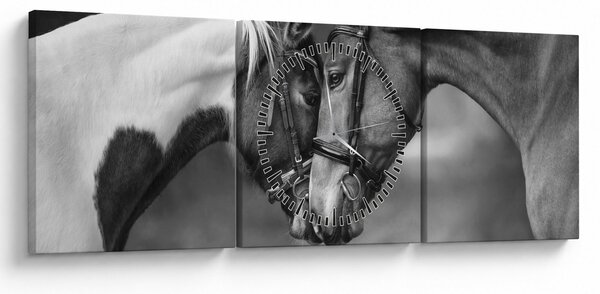 Obraz - Zamilovaní koni, černobílá (s hodinami) (90x30 cm)