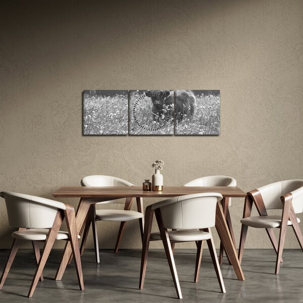 Obraz - Skotská kráva 5, černobílá (s hodinami) (90x30 cm)