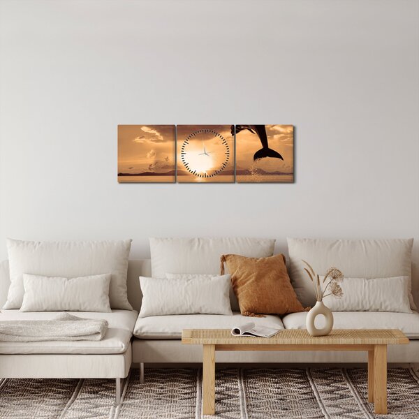 Obraz - Delfín při západu slunce (s hodinami) (90x30 cm)