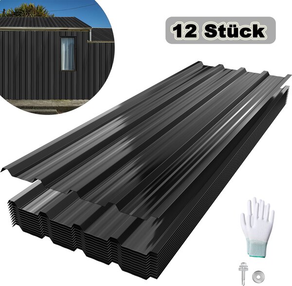 UISEBRT 12x střešní panely z trapézového plechu na 7 m², profilovaný ocelový plech pro přístřešky pro auta, přístřešky a střechy, vlnitý profilový střešní plech - černý