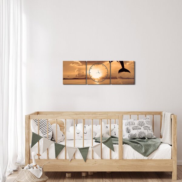 Obraz - Delfín při západu slunce (s hodinami) (90x30 cm)