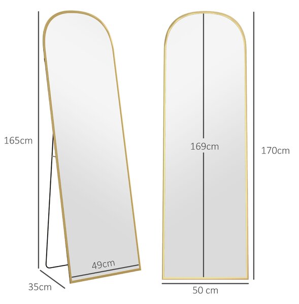 HOMCOM Zrcadlo v Plné Výšce 50x170 cm Stojící nebo Nástěnné s Hliníkovým Rámem a Stojanem pro Obývací Pokoj, Ložnici, Koupelnu Zlaté | Aosom