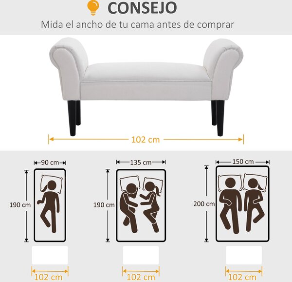 HOMCOM Čalouněná lavice na konci postele s opěrkami pro ložnici, obývací pokoj a chodbu 102x36x51 cm, nosnost 130 kg | Aosom