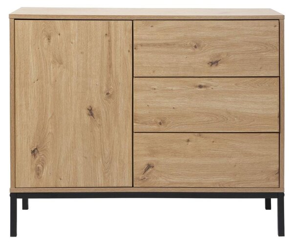 CALICOSY – Komoda s 1 dvířky a 3 zásuvkami, vzhled dubu, šířka 90 x výška 80 cm – LENNY