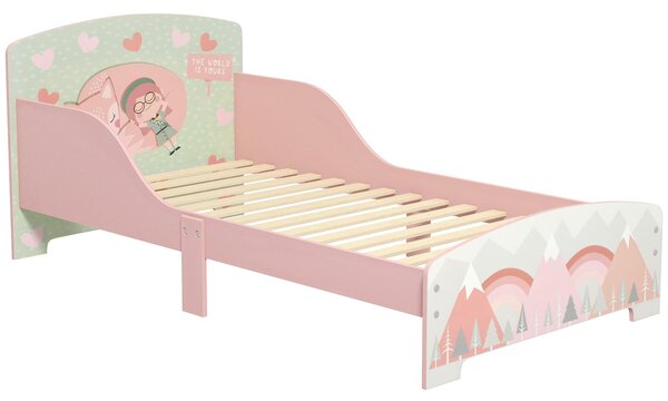 Dětská postel ZONEKIZ dřevěná 143x77x60 cm pro děti ve věku 3-6 let s bezpečnostními zábranami a potiskem Max. nosnost 40 kg Moderní růžový nábytek do