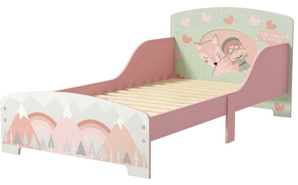 Dětská postel ZONEKIZ dřevěná 143x77x60 cm pro děti ve věku 3-6 let s bezpečnostními zábranami a potiskem Max. nosnost 40 kg Moderní růžový nábytek do
