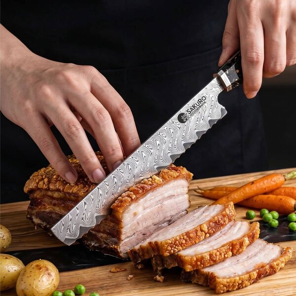 Nůž na pečivo z damaškové oceli AUS10 Kurogane SaKuRo 24 cm