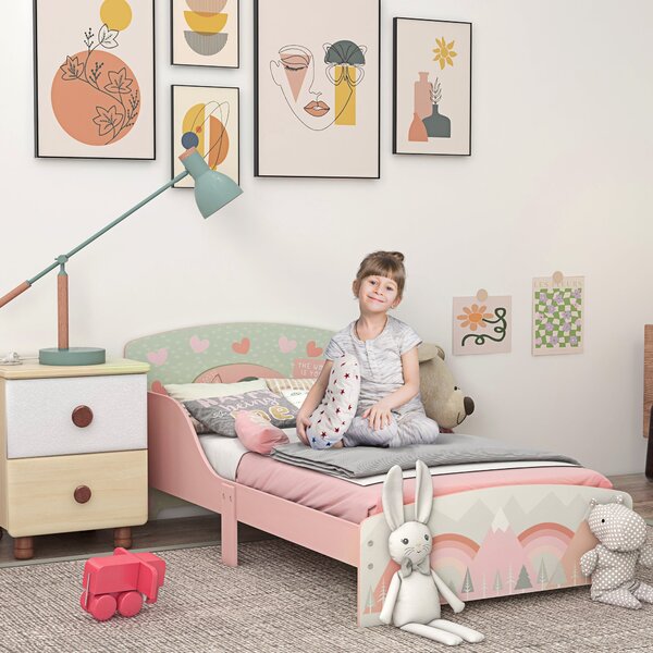 Dětská postel ZONEKIZ dřevěná 143x77x60 cm pro děti ve věku 3-6 let s bezpečnostními zábranami a potiskem Max. nosnost 40 kg Moderní růžový nábytek do