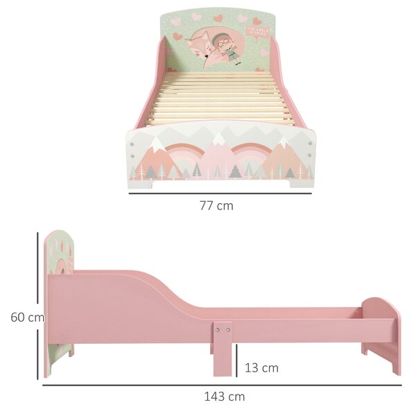 Dětská postel ZONEKIZ dřevěná 143x77x60 cm pro děti ve věku 3-6 let s bezpečnostními zábranami a potiskem Max. nosnost 40 kg Moderní růžový nábytek do