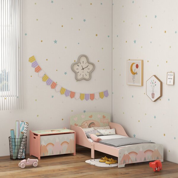 Dětská postel ZONEKIZ dřevěná 143x77x60 cm pro děti ve věku 3-6 let s bezpečnostními zábranami a potiskem Max. nosnost 40 kg Moderní růžový nábytek do