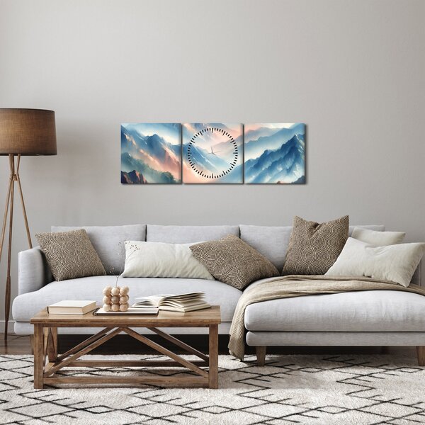 Obraz - Akvarelové hory (s hodinami) (90x30 cm)