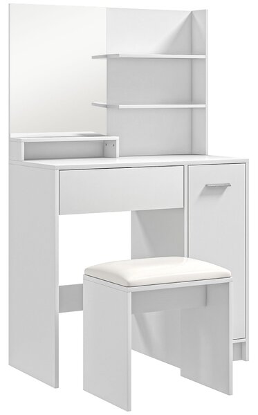 HOMCOM Toaletní stůl s taburetem, zrcadlo, otevřené police, zásuvka a nastavitelná police, protiskluzový design pro ložnici a obývací pokoj 80x40x132