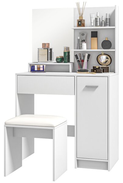 HOMCOM Toaletní stůl s taburetem, zrcadlo, otevřené police, zásuvka a nastavitelná police, protiskluzový design pro ložnici a obývací pokoj 80x40x132