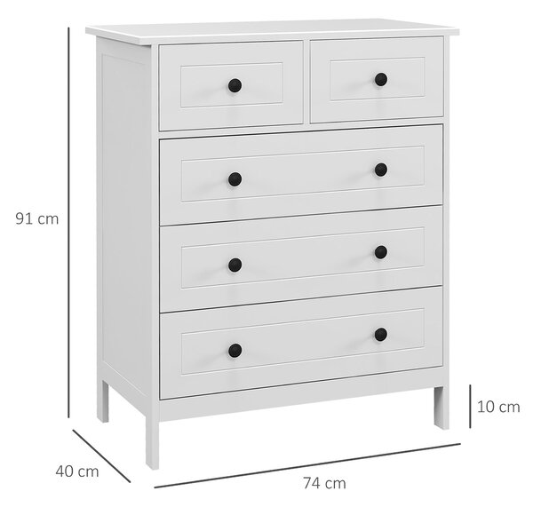 HOMCOM Bílá komoda s 5 šuplíky a úchyty vysoká komoda pro obývací pokoj, kancelář, studijní prostory moderní styl 74x40x91 cm | Aosom