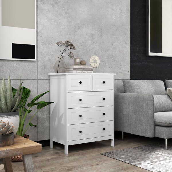 HOMCOM Bílá komoda s 5 šuplíky a úchyty vysoká komoda pro obývací pokoj, kancelář, studijní prostory moderní styl 74x40x91 cm | Aosom