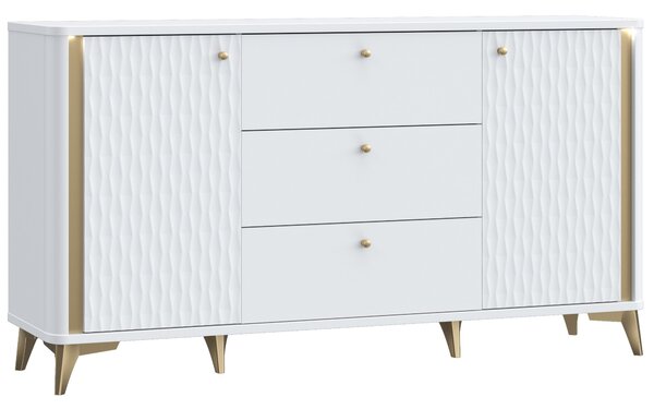 Komoda Casa Dolce WHITE HILL 232, bílá a zlatá, 160,5x41,5x87 cm, zaoblené rohy, 3 zásuvky, 2 skříňky s policemi