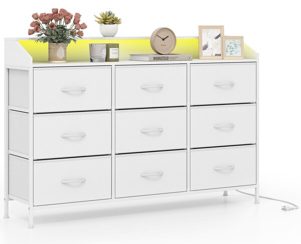 Komoda COSTWAY, úložný organizér s LED osvětlením, nabíjecí stanicí, 9 látkovými zásuvkami a kovovým rámem, televizní skříňka, zásuvková skříňka
