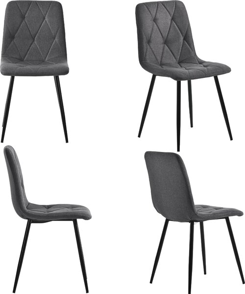 Jídelní židle Fortuna Lai (4 ks), tmavě šedé, 4 sady čalouněných židlí Designové židle, jídelní židle z keprového plátna, kuchyňské židle s opěrkou, plátěné sedáky s kovovým rámem, kovové nohy