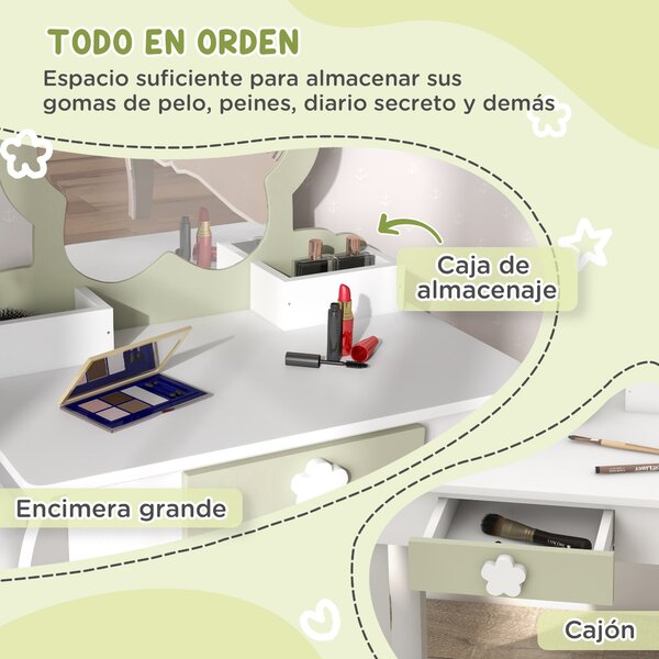 Dětský toaletní stolek ZONEKIZ s zrcadlem a stoličkou pro holčičky ve věku 3-6 let, 2 boxy a 1 zásuvka, 55x34x87,5 cm, bílá a jemně zelená | Aosom