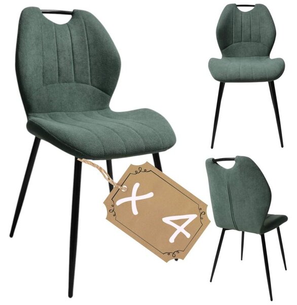 4 x sada zelených čalouněných jídelních židlí, moderní, pohodlné, robustní, ergonomické, obývací pokoj, vysoký komfort sezení, stabilní kovové nohy