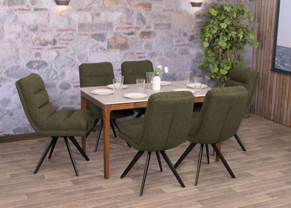 Sada 6 jídelních židlí HWC-G66, kuchyňská židle, otočná automatická poloha látka/textil bouclé MVG zelená