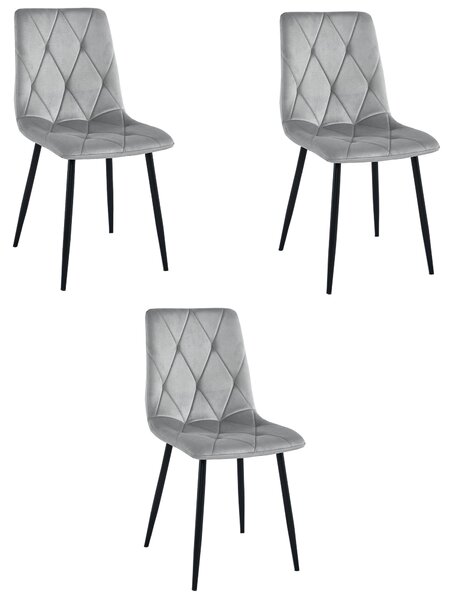 Židle Valora LIBRA, stříbrně šedá, sametově černé nohy, sada 3 kusů | 3 elegantní stříbrné židle s moderním nádechem