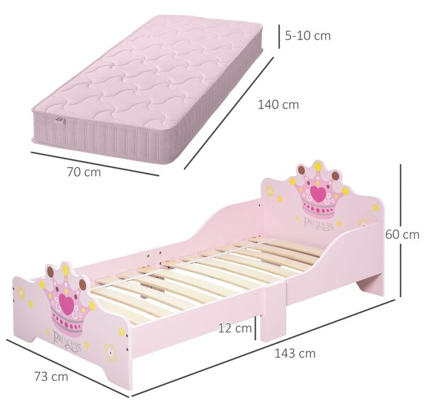Dětská postel HOMCOM pro děti od 3 let, 143x73x60 cm, dřevěná postel s potiskem korunky, nosnost 50 kg, růžová | Aosom