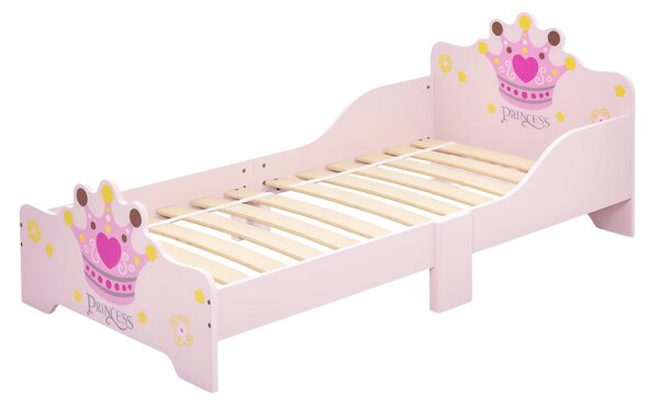 Dětská postel HOMCOM pro děti od 3 let, 143x73x60 cm, dřevěná postel s potiskem korunky, nosnost 50 kg, růžová | Aosom