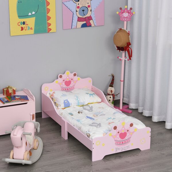 Dětská postel HOMCOM pro děti od 3 let, 143x73x60 cm, dřevěná postel s potiskem korunky, nosnost 50 kg, růžová | Aosom