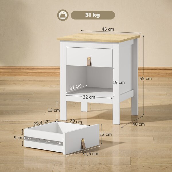HOMCOM Moderní noční stolek s šuplíkem a otevřeným prostorem pro obývací pokoj a ložnici 45x40x55 cm Bílý | Aosom