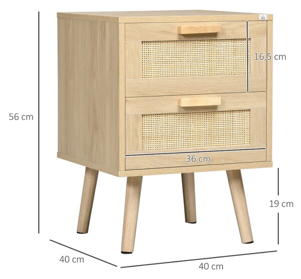 Noční stolek HOMCOM v boho stylu s 2 proutěnými šuplíky a dřevěnými nohami, 40x40x56 cm, přirozené | Aosom