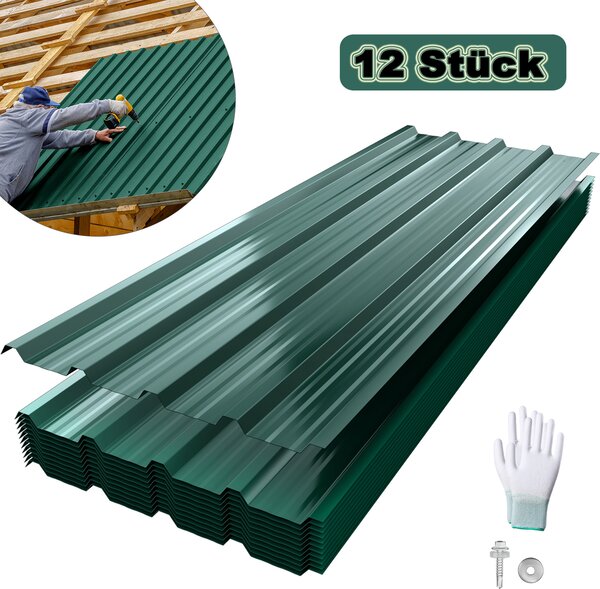 UISEBRT 12x střešní panely z trapézového plechu pro 7 m², profilovaný ocelový plech pro přístřešky, kůlny a střechy, střešní plech z vlnitého profilu - zelený