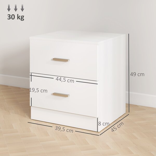 HOMCOM Moderní Noční Stolek s 2 Zásuvkami, Stolek do Obývacího Pokoje a Ložnice, Nosnost 30 kg, 45x39,5x49 cm, Bílý | Aosom