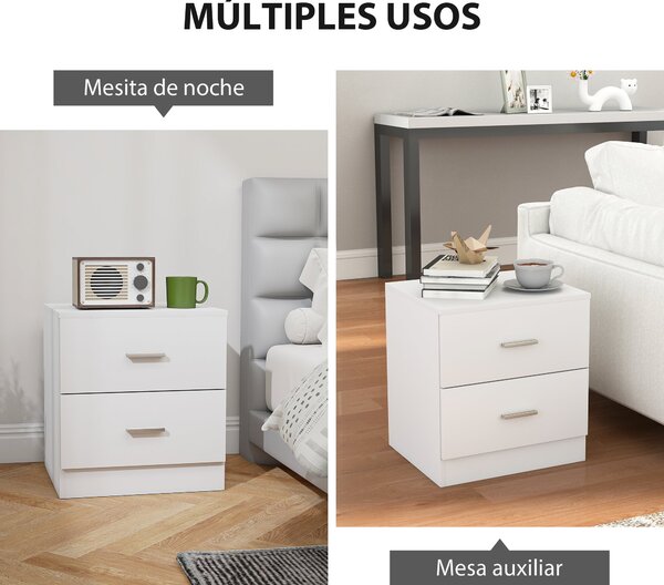 HOMCOM Moderní Noční Stolek s 2 Zásuvkami, Stolek do Obývacího Pokoje a Ložnice, Nosnost 30 kg, 45x39,5x49 cm, Bílý | Aosom