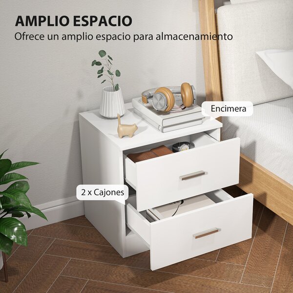 HOMCOM Moderní Noční Stolek s 2 Zásuvkami, Stolek do Obývacího Pokoje a Ložnice, Nosnost 30 kg, 45x39,5x49 cm, Bílý | Aosom