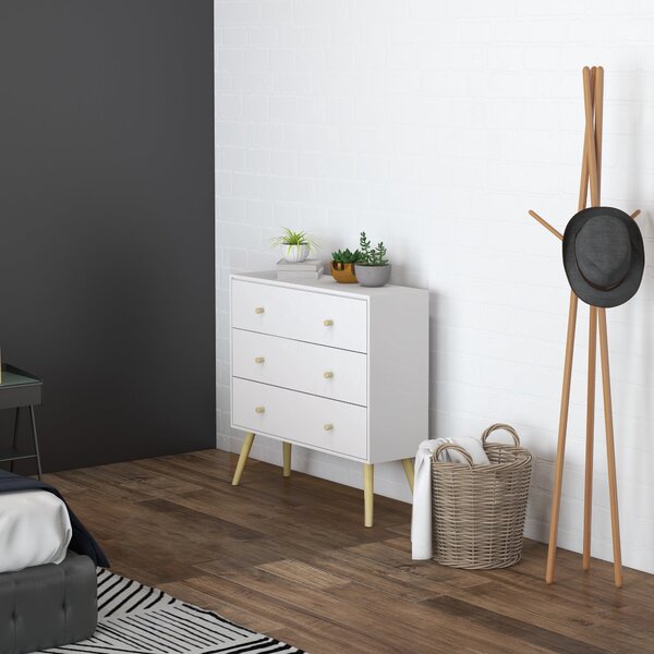 HOMCOM Komoda se 3 zásuvkami do ložnice s nohami z borovicového dřeva pro obývací pokoj, kancelář, ložnici, nosnost 70 kg, 80x30x80 cm, bílá | Aosom