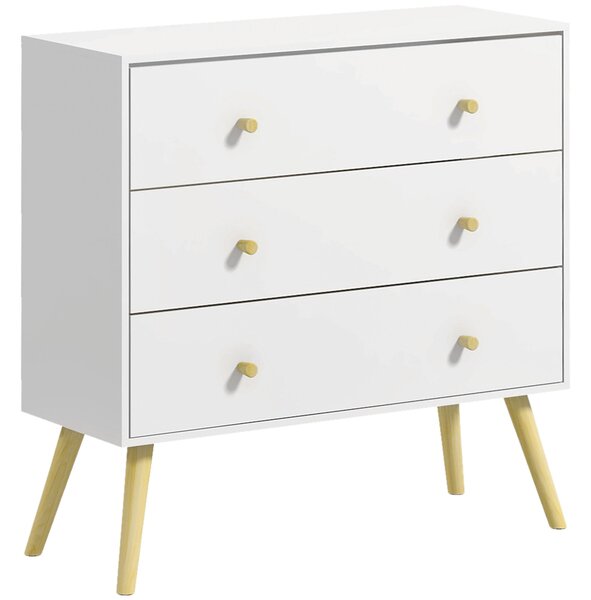 HOMCOM Komoda se 3 zásuvkami do ložnice s nohami z borovicového dřeva pro obývací pokoj, kancelář, ložnici, nosnost 70 kg, 80x30x80 cm, bílá | Aosom
