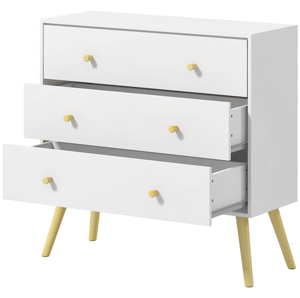 HOMCOM Komoda se 3 zásuvkami do ložnice s nohami z borovicového dřeva pro obývací pokoj, kancelář, ložnici, nosnost 70 kg, 80x30x80 cm, bílá | Aosom