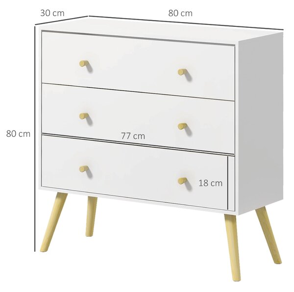 HOMCOM Komoda se 3 zásuvkami do ložnice s nohami z borovicového dřeva pro obývací pokoj, kancelář, ložnici, nosnost 70 kg, 80x30x80 cm, bílá | Aosom