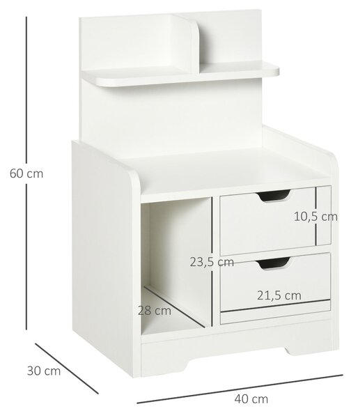 HOMCOM Moderní noční stolek s 2 šuplíky a 3 úložnými prostory pro obývací pokoj a ložnici, nosnost 30 kg, 40x30x60 cm, bílý | Aosom