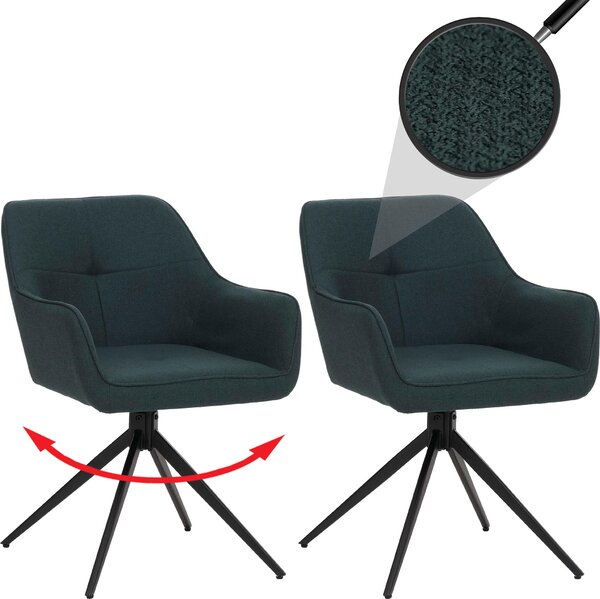 Sada 2 jídelních židlí HWC-O47, područky pro kuchyňské židle, otočné s automatickým vrácením, látka/textil (270g/m²) petrolejově zelená